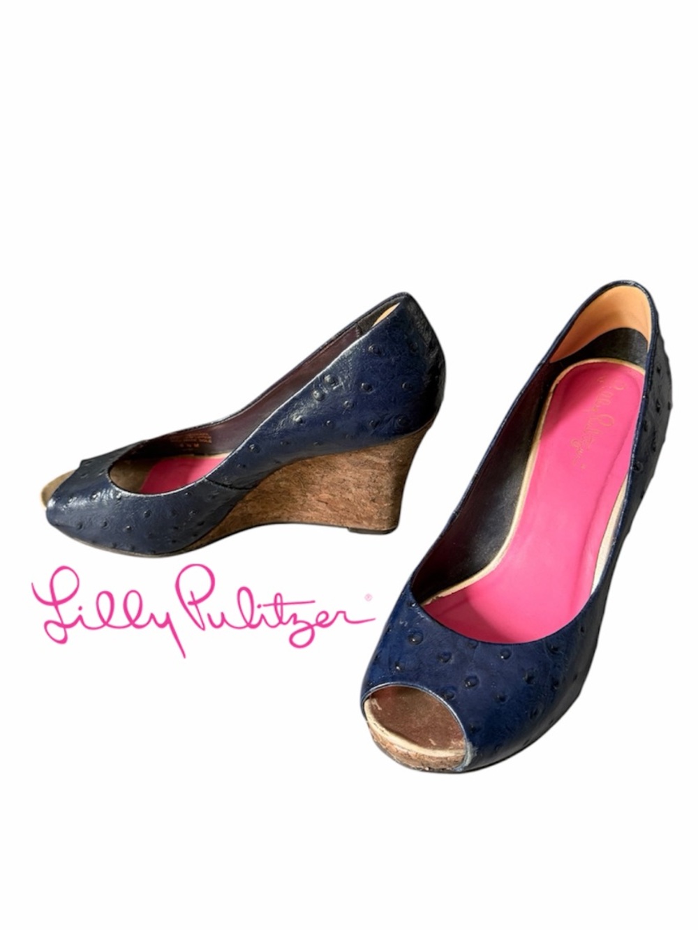 Lilly Pulitzer Navy ostrich leather Peep-Toe Cork Wedges with Pink Insole 6.5